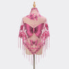 Pink butterfly lace scarf shawl with pink embroidery and fringe details