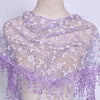 A sheer lavender floral lace scarf draped around a mannequin's neck.