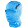 A bright blue breathable windproof balaclava hat with the word BACKWOODS printed on the forehead.