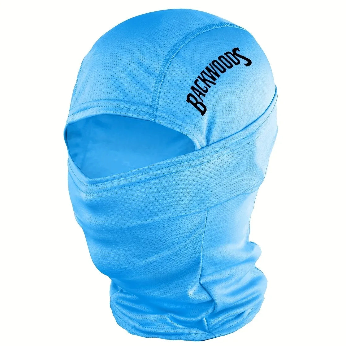 A bright blue breathable windproof balaclava hat with the word BACKWOODS printed on the forehead.