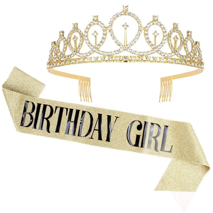 A gold-toned tiara crown with sparkling stones and a satin birthday girl sash.