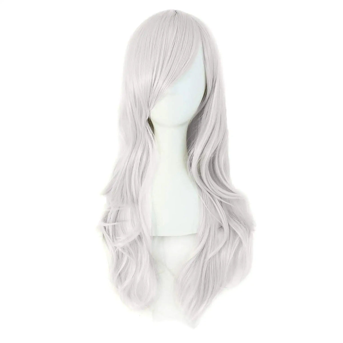 A long, wavy, light gray hair extension wig displayed on a mannequin head.