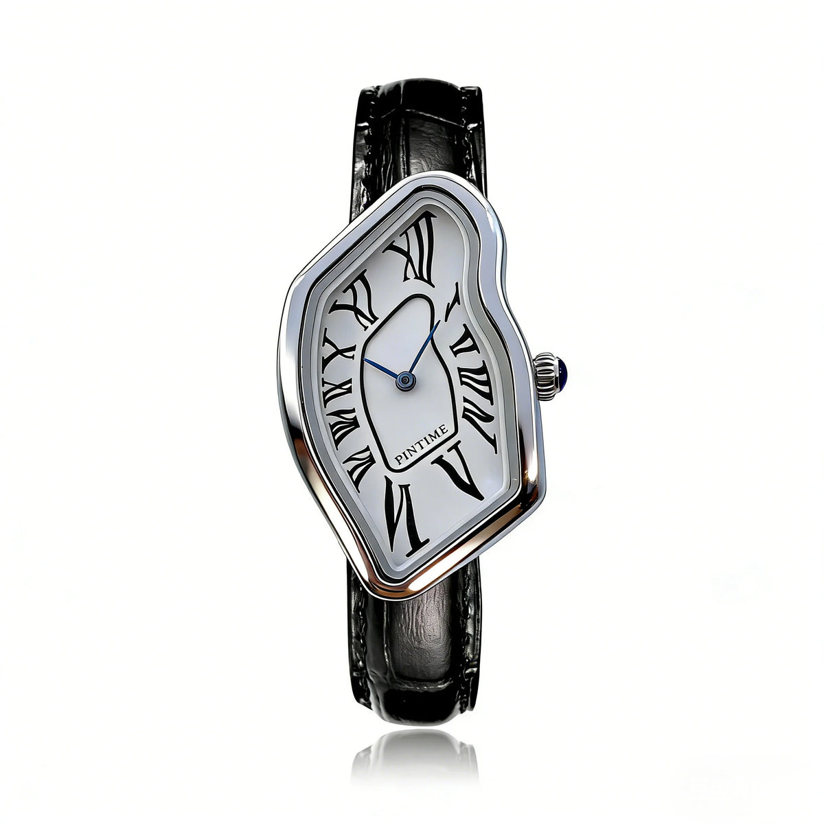A silver and black vintage irregular quartz watch with a textured strap and white face.