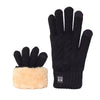 Une paire de gants d'hiver tricotés noirs avec une doublure en polaire beige clair.