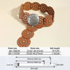A vintage western denim belt featuring round brown and silver studs, shown with size measurements.
