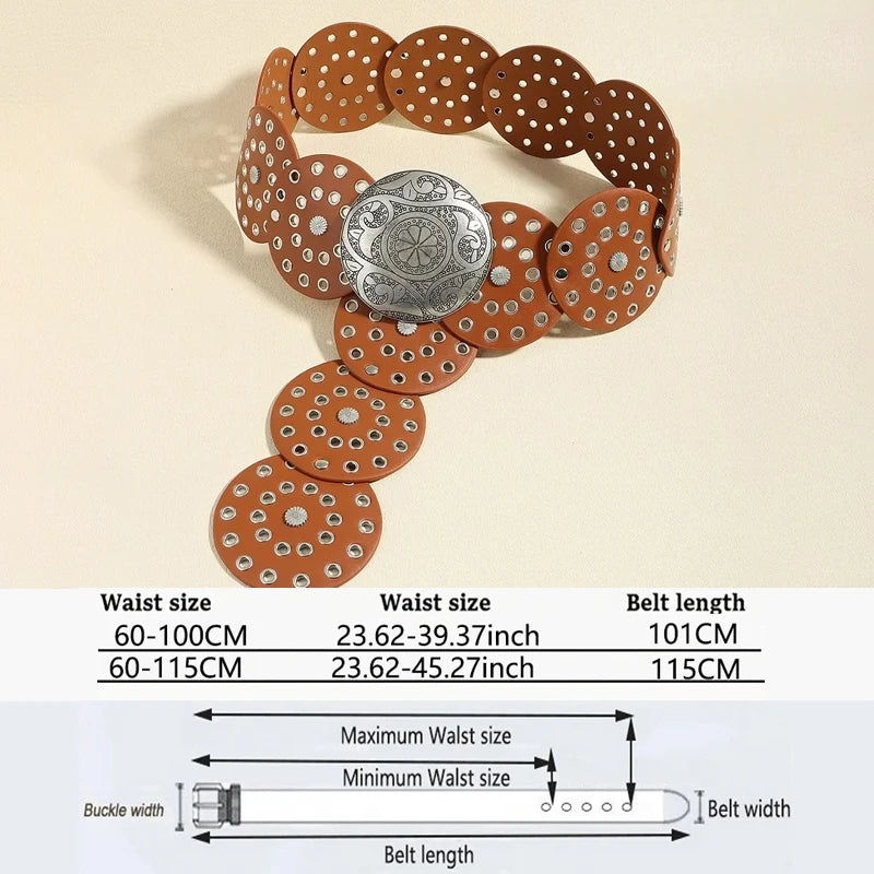 A vintage western denim belt featuring round brown and silver studs, shown with size measurements.