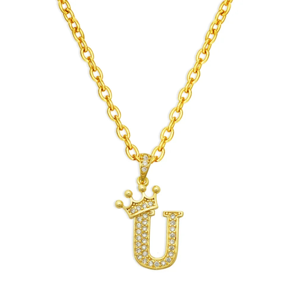 Gold initial U crown pendant necklace with a delicate chain
