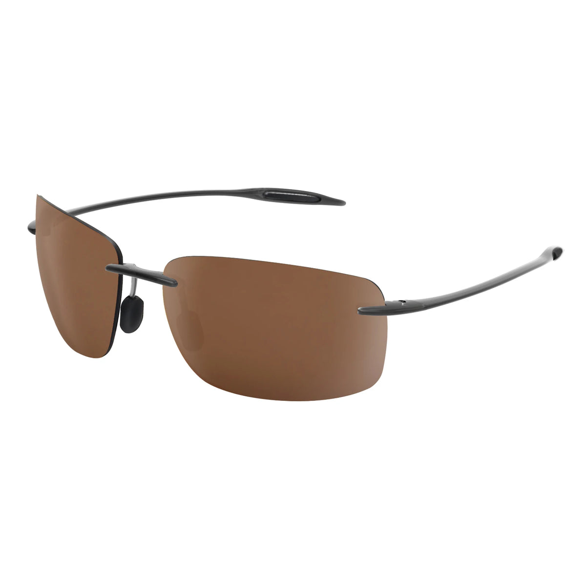 Braune, randlose Sport-Sonnenbrille mit schwarzen Akzenten, seitliche Ansicht.