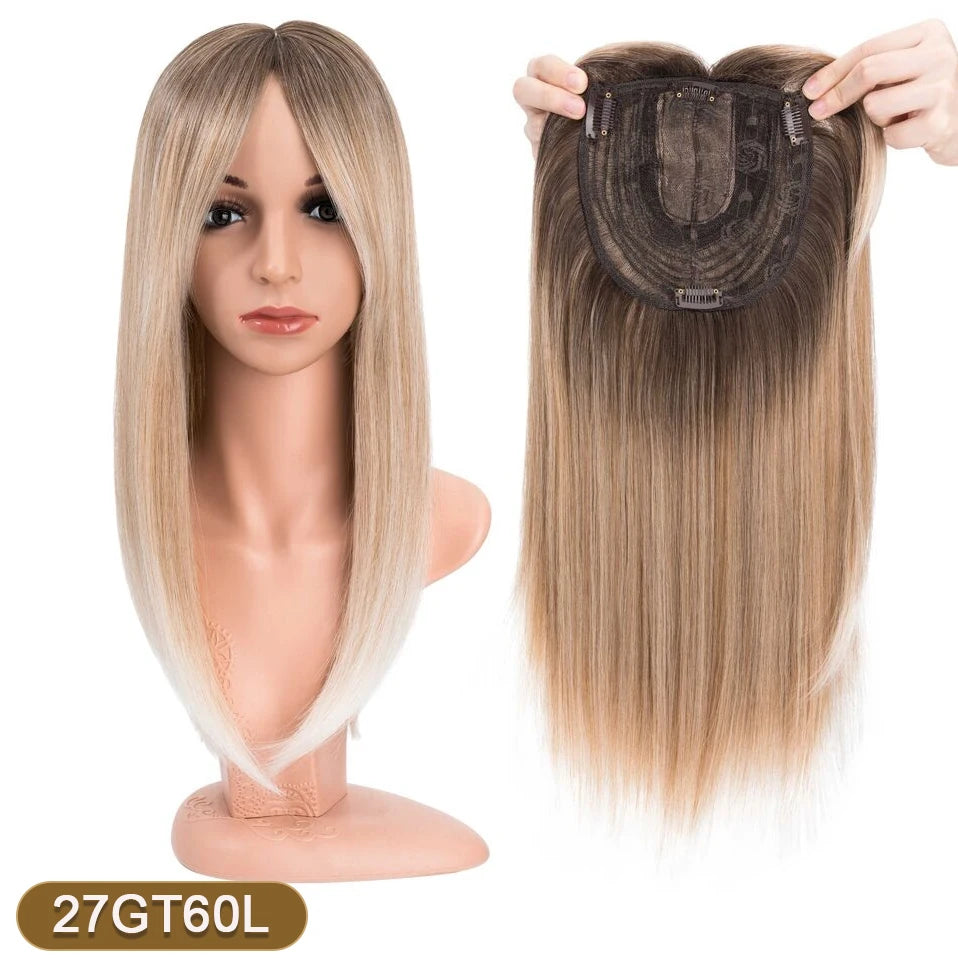 A model shows a long straight blonde wig with bangs, and a close-up of the hair topper product.