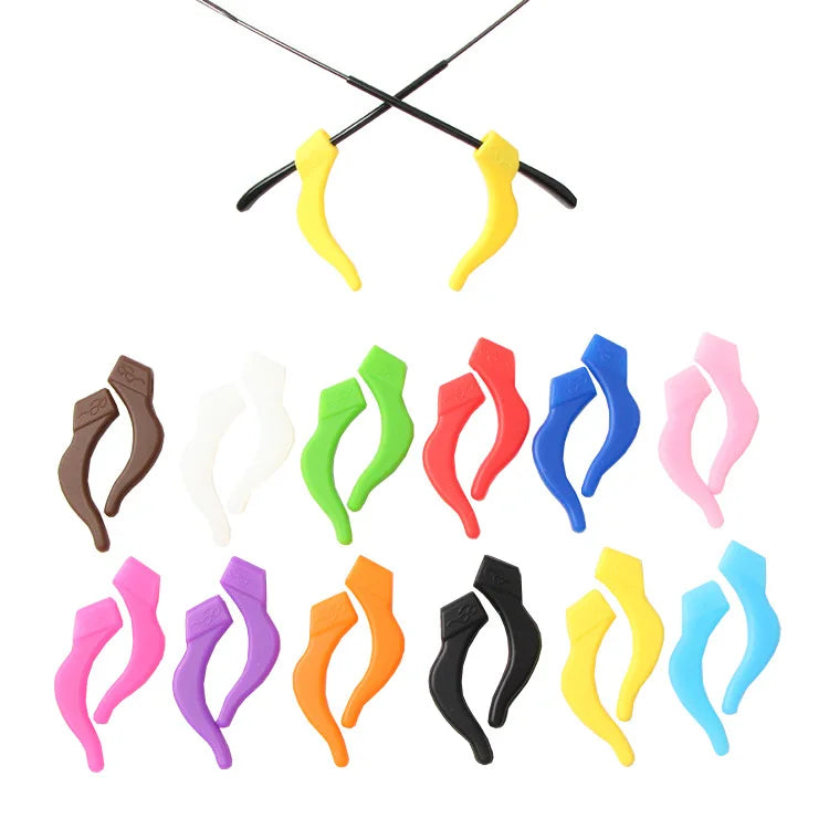 A set of silicone ear hooks for eyeglasses designed for sports and active use in various colors.
