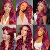A collage of models showcasing long, wavy burgundy human hair wigs and extensions.