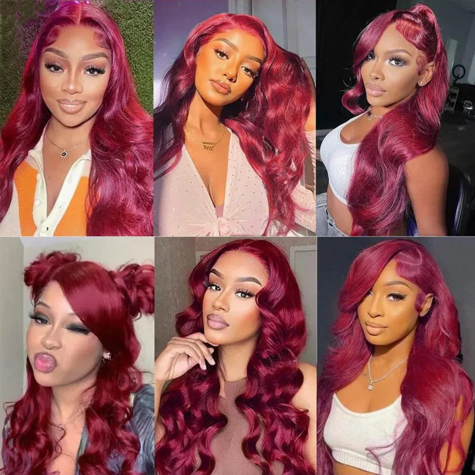 A collage of models showcasing long, wavy burgundy human hair wigs and extensions.