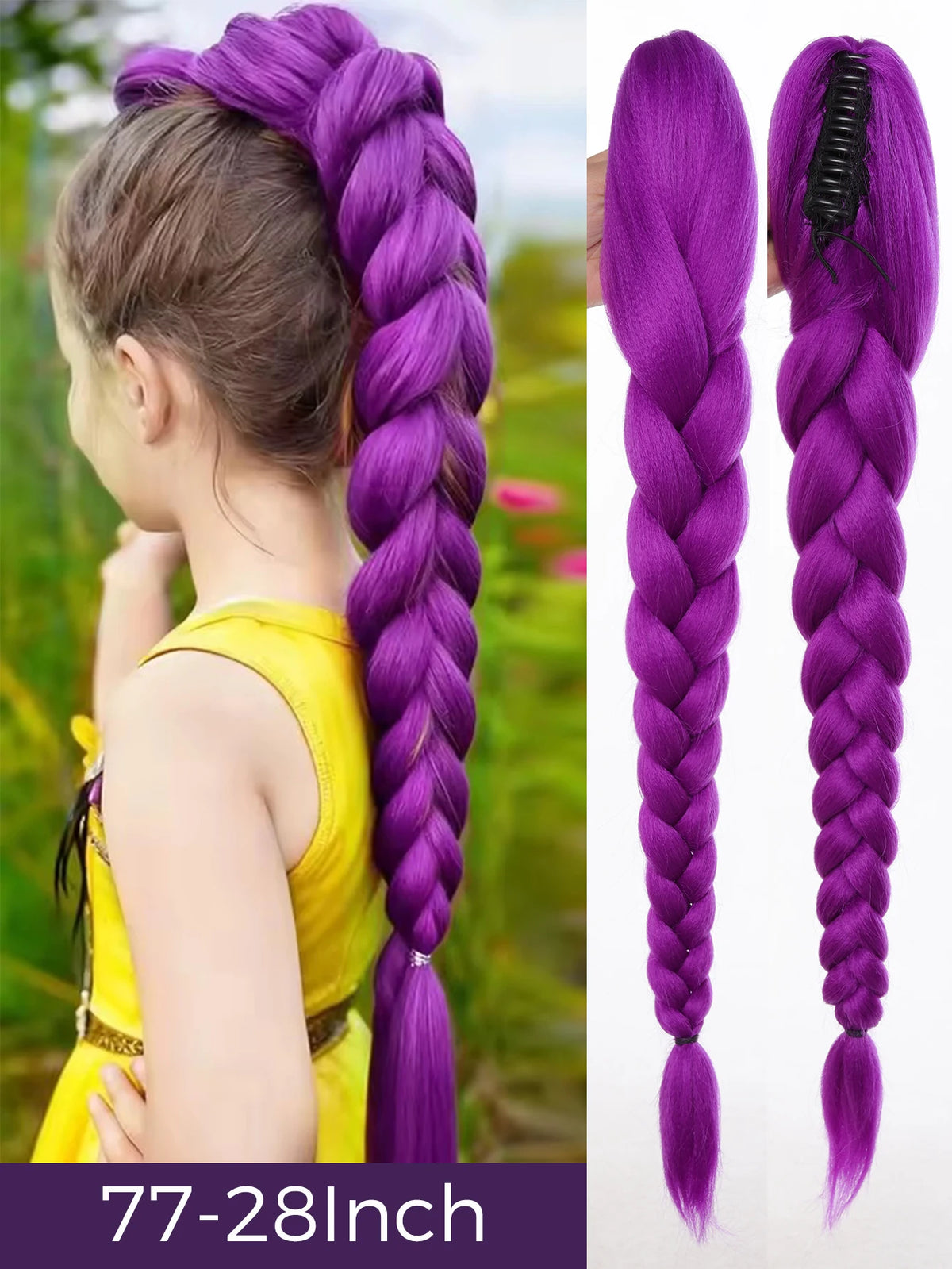 A close-up of a woman's head showing a purple braided hair ponytail with tinsel extensions.