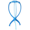 Soporte plegable portátil de peluca azul brillante con marco circular y base de soporte.
