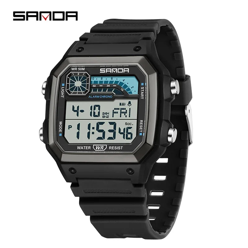 A black digital sports wristwatch with a bezel, crown, and display showing time, date, and alarm functions.