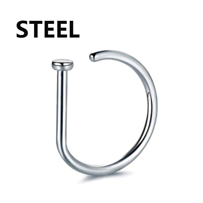 A silver hoop nose ring with a straight post is shown against a white background.
