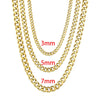 Three gold Cuban link chain necklaces displayed, showing varying lengths of 3mm, 5mm, and 7mm.