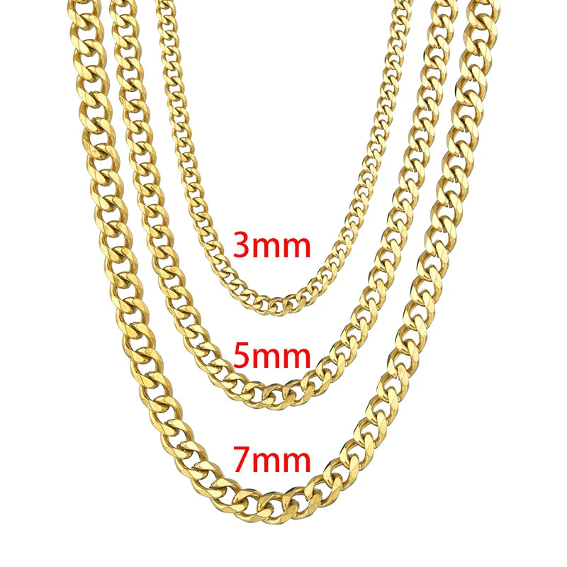 Three gold Cuban link chain necklaces displayed, showing varying lengths of 3mm, 5mm, and 7mm.