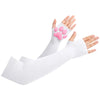 White arm sleeves with pink cat paw prints for cosplay and sun protection