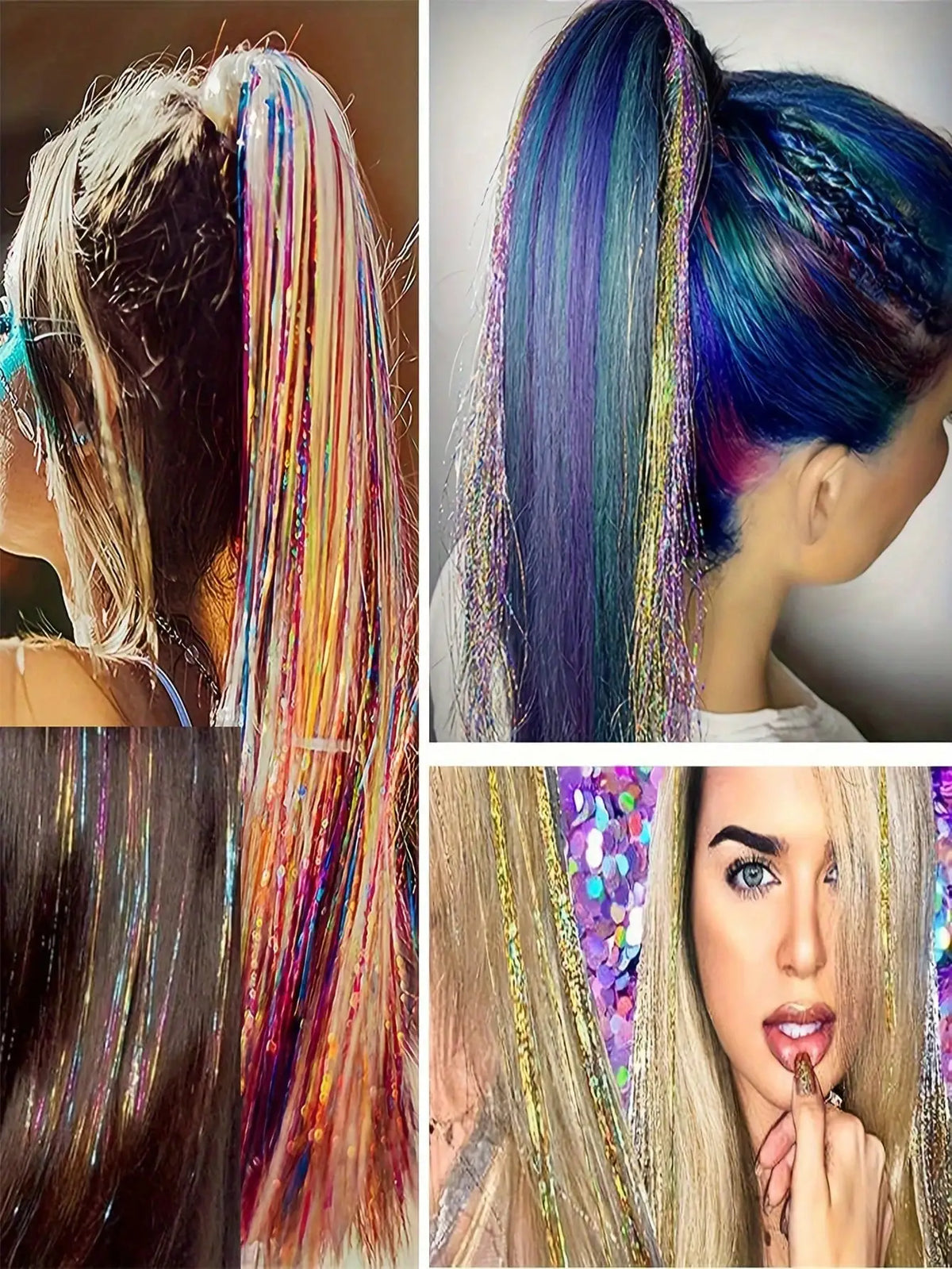 Close-up of various iridescent and multi-colored synthetic hair tinsel extensions styled in braids and ponytails.