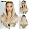Long layered straight synthetic lace front wig in light blonde color shown from the front and back.