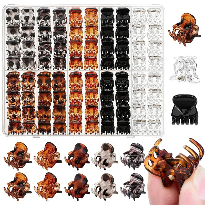 A collection of adjustable hair claw clips in various colors and styles, including tortoiseshell, black, and clear.