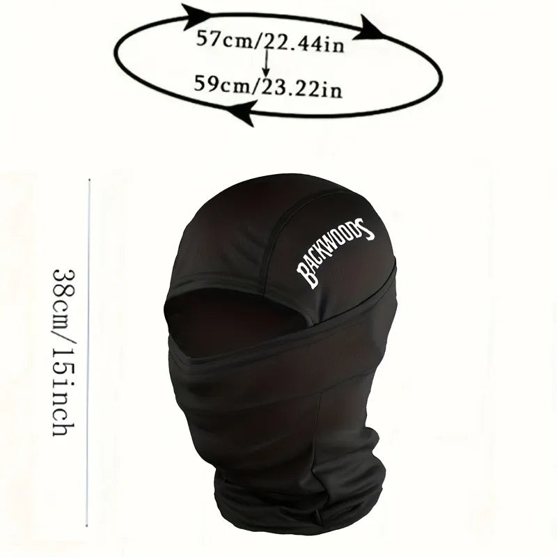 Black breathable windproof balaclava hat shown in a profile view with size dimensions.