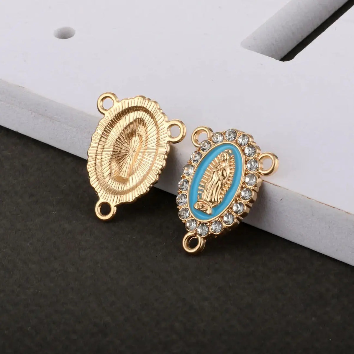 Gold-toned Virgin Mary rosary centerpiece connectors with blue enamel and clear stones