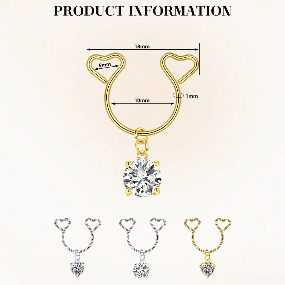 Gold heart dangle non-piercing nipple rings with cubic zirconia and a matching pair.