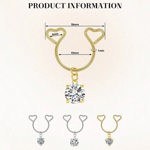 Gold heart dangle non-piercing nipple rings with cubic zirconia and a matching pair.