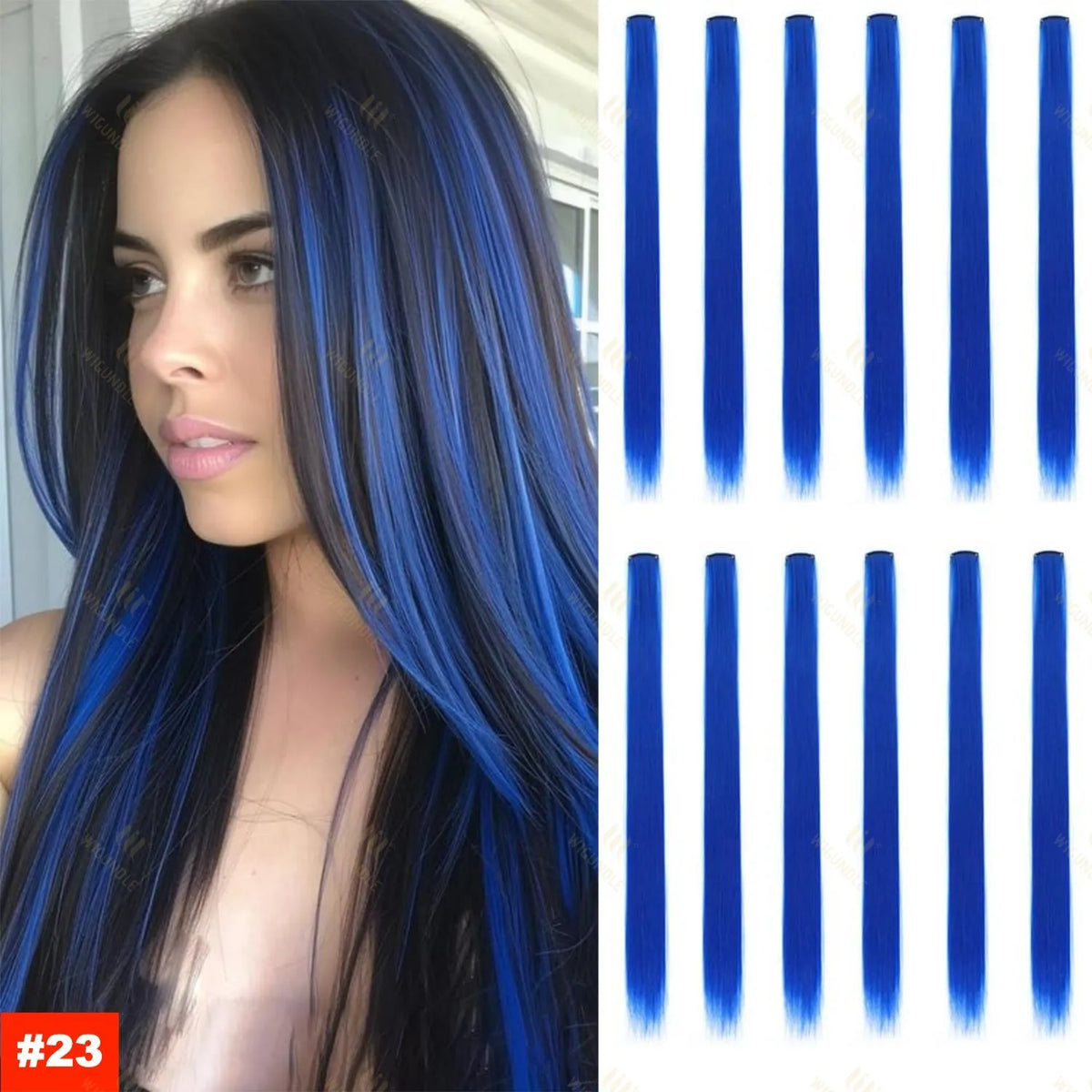A woman shows off long, dark hair with vibrant blue streaks and highlights.