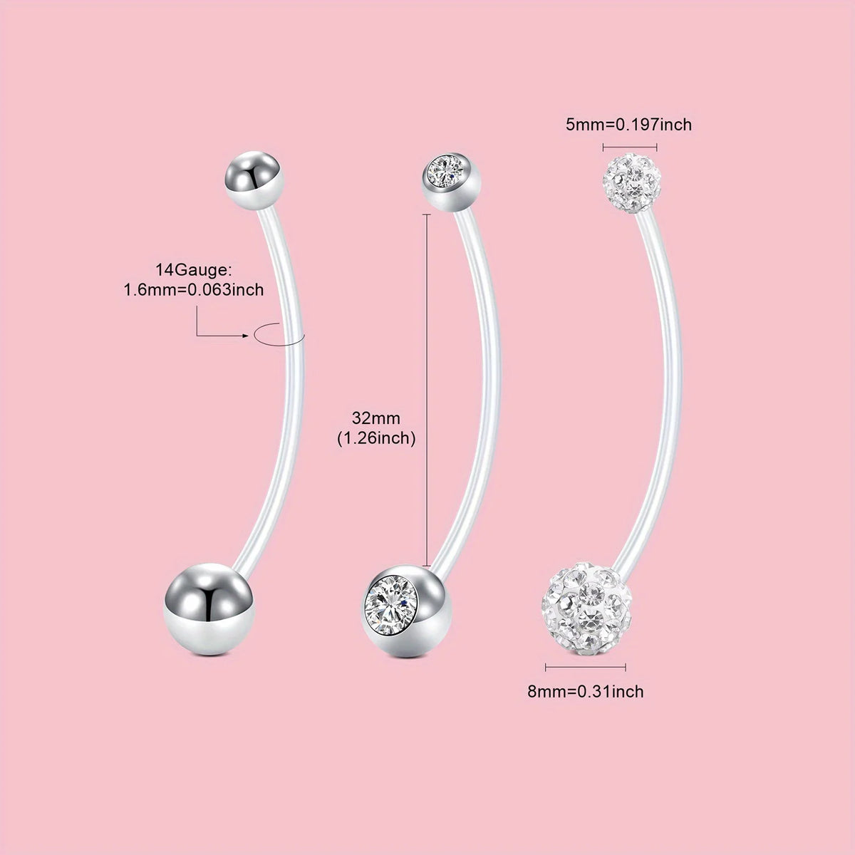 A set of silver belly button rings with various sizes and diamond accents shown against a pink background.