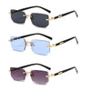 Rimless rectangle sunglasses in black, blue, and purple frames shown from the side.