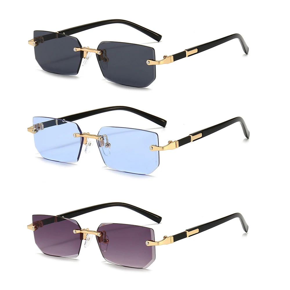 Rimless rectangle sunglasses in black, blue, and purple frames shown from the side.