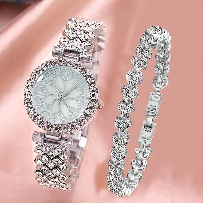 A silver rhinestone quartz watch and bracelet set displayed against a pink background.