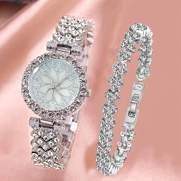 A silver rhinestone quartz watch and bracelet set displayed against a pink background.