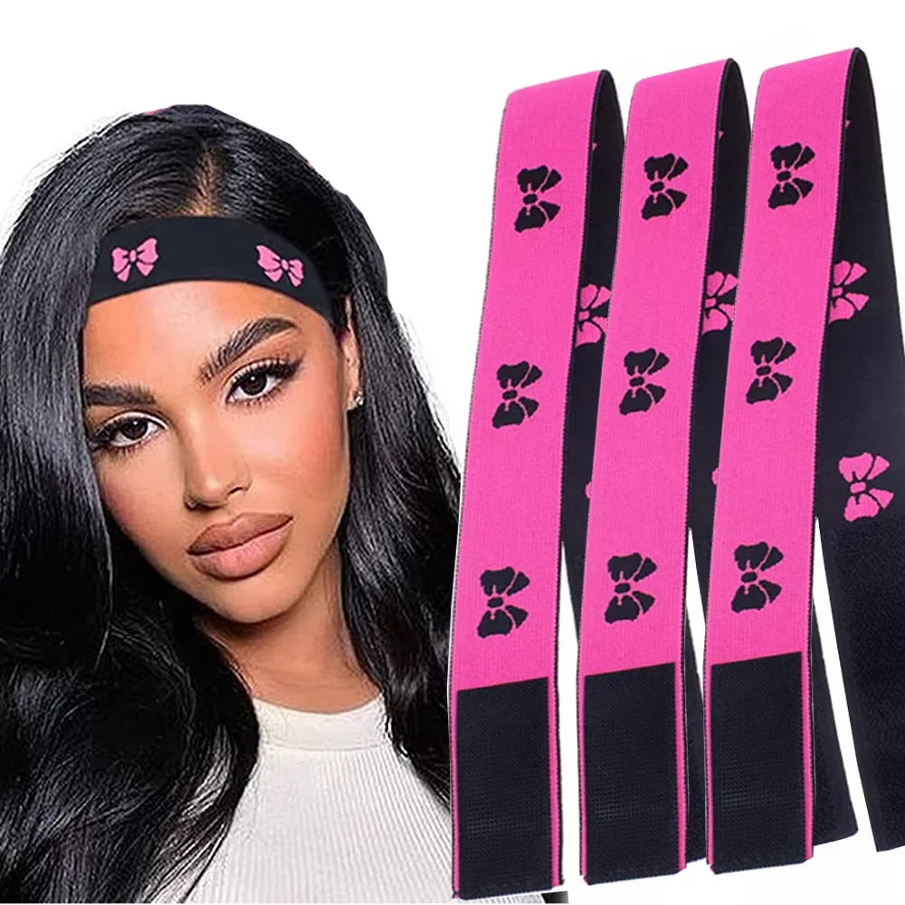 A woman models pink and black elastic bands for wig edges on her hair.