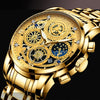 A close-up of a gold-toned mechanical watch with intricate gears and a textured gold bracelet.