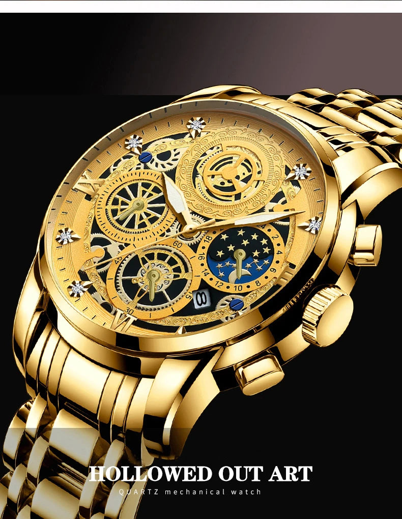 A close-up of a gold-toned mechanical watch with intricate gears and a textured gold bracelet.