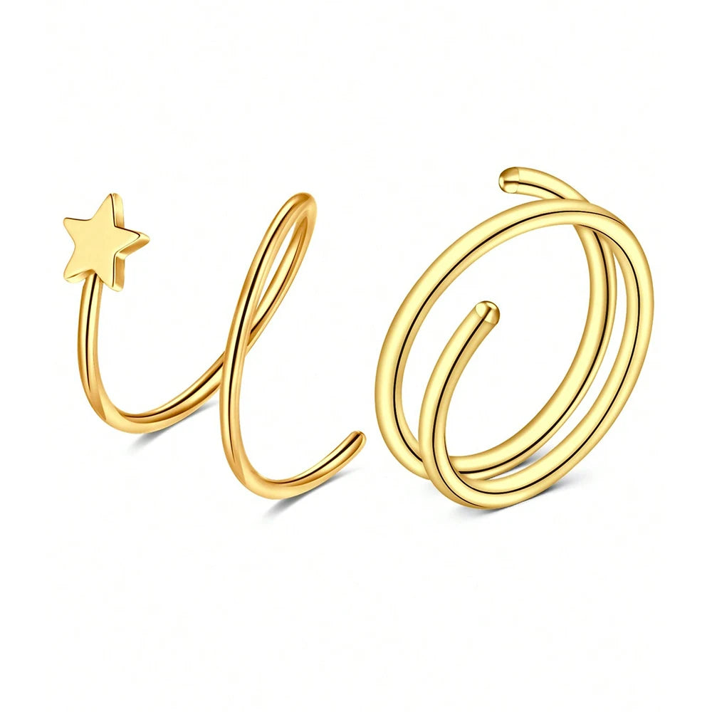 Aros de nariz dobles tono dorado hechos de acero inoxidable con acabado CZ.