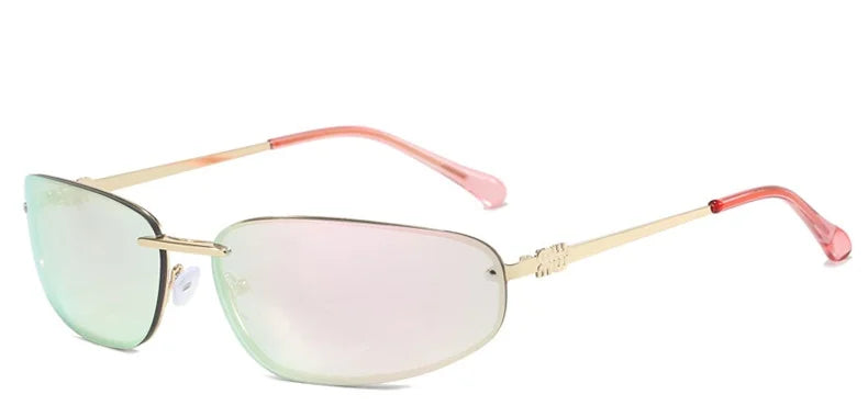 Ovales Y2K-Sonnenbrille ohne Fassung mit rosa und goldfarbenen Metallrahmen und hellgrünen Linsen