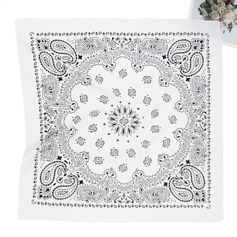 Black and white line art paisley bandana scarf design on a white background