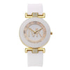 A white quartz wristwatch with a gold-toned case and bracelet featuring a glitter dial.