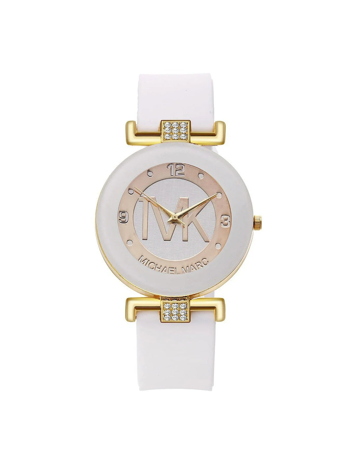 A white quartz wristwatch with a gold-toned case and bracelet featuring a glitter dial.