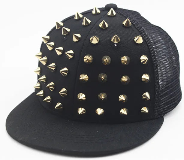 Black flat hat baseball cap adorned with gold-toned rivets and studs.