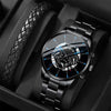 A black men's stainless steel quartz watch with a black leather strap is displayed in a dark box.