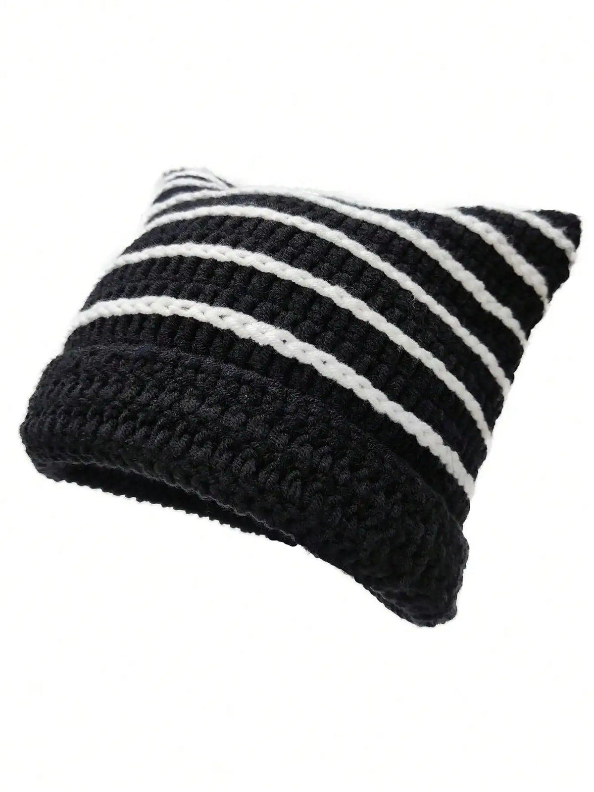 Black and white striped crocheted beanie hat with cat ear design