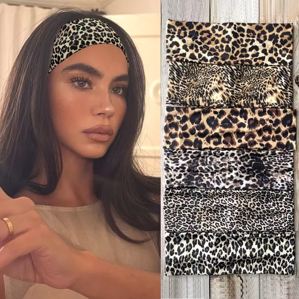 A close-up of a woman wearing a leopard print waterproof sports headband, displayed alongside multiple fabric strips.