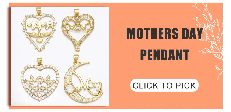 A display of gold-plated pendants featuring Mama, monogram, and floral designs for mothers day jewelry