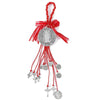 A red ribbon charm featuring a silver Saint Benedict medal and dangling red threads.